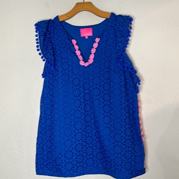 Lillly Pulitzer Eyelet Short Sleeve Mini Dress Blue Size Large - Picture 2 of 9